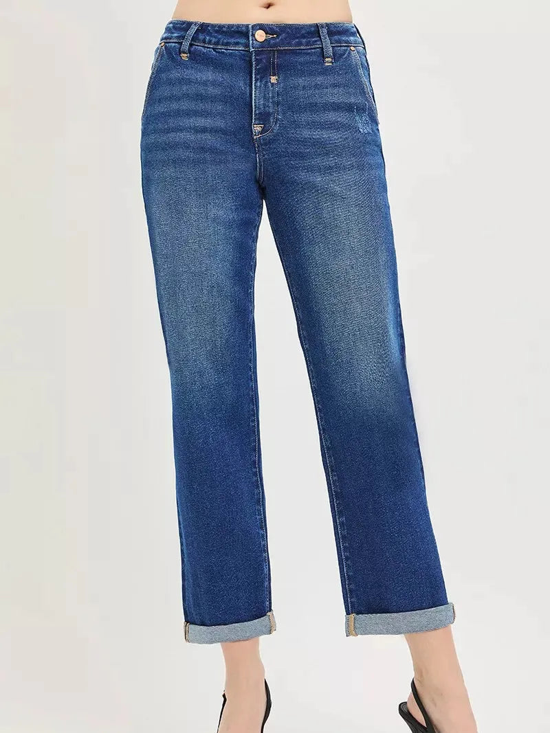 Risen Weekend Crush Slouchy Cropped Boyfriend Jeans with Cuffs-Women's Jeans-Shop Z & Joxa