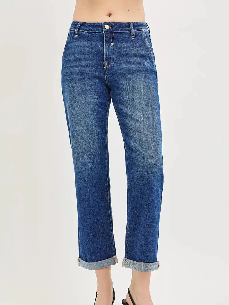 Risen Weekend Crush Slouchy Cropped Boyfriend Jeans with Cuffs-Women's Jeans-Shop Z & Joxa