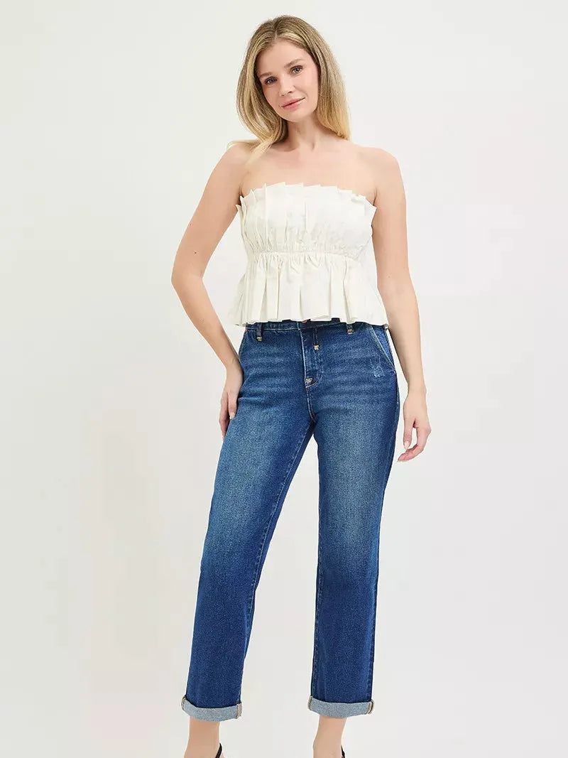 Risen Weekend Crush Slouchy Cropped Boyfriend Jeans with Cuffs-Women's Jeans-Shop Z & Joxa