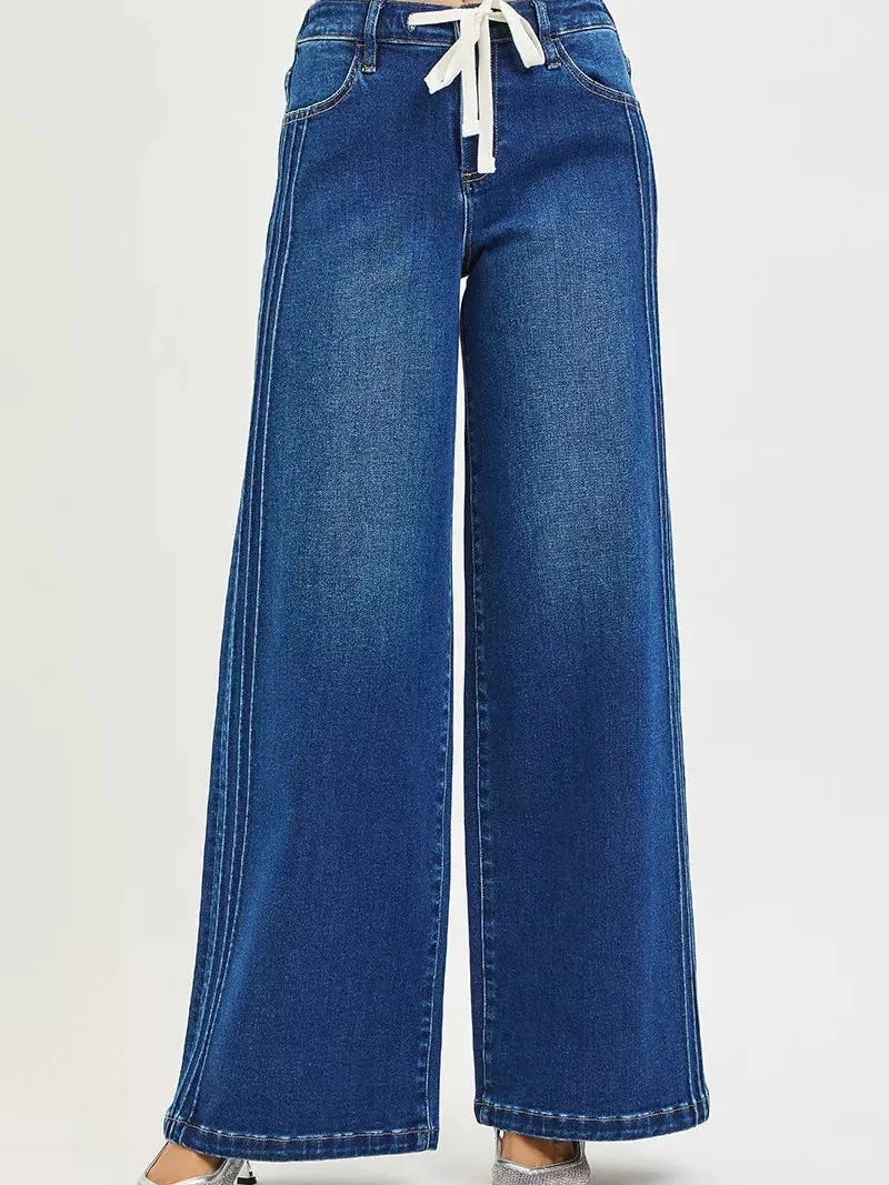 Risen Weekend Wander Front Tie Mid Rise Wide Leg Side Pintuck Jeans-Women's Jeans-Shop Z & Joxa