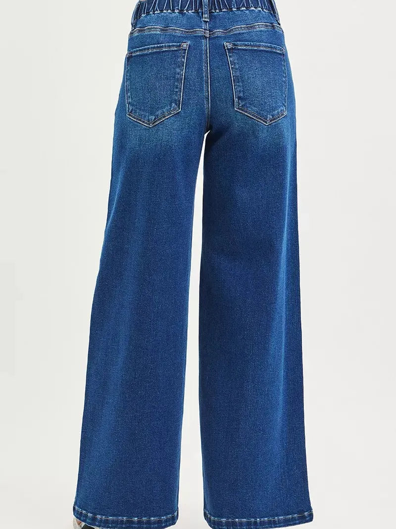 Risen Weekend Wander Front Tie Mid Rise Wide Leg Side Pintuck Jeans-Women's Jeans-Shop Z & Joxa