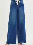 Risen Weekend Wander Front Tie Mid Rise Wide Leg Side Pintuck Jeans-Women's Jeans-Shop Z & Joxa