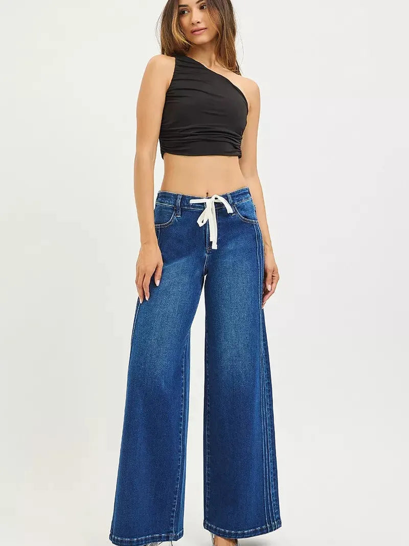 Risen Weekend Wander Front Tie Mid Rise Wide Leg Side Pintuck Jeans-Women's Jeans-Shop Z & Joxa