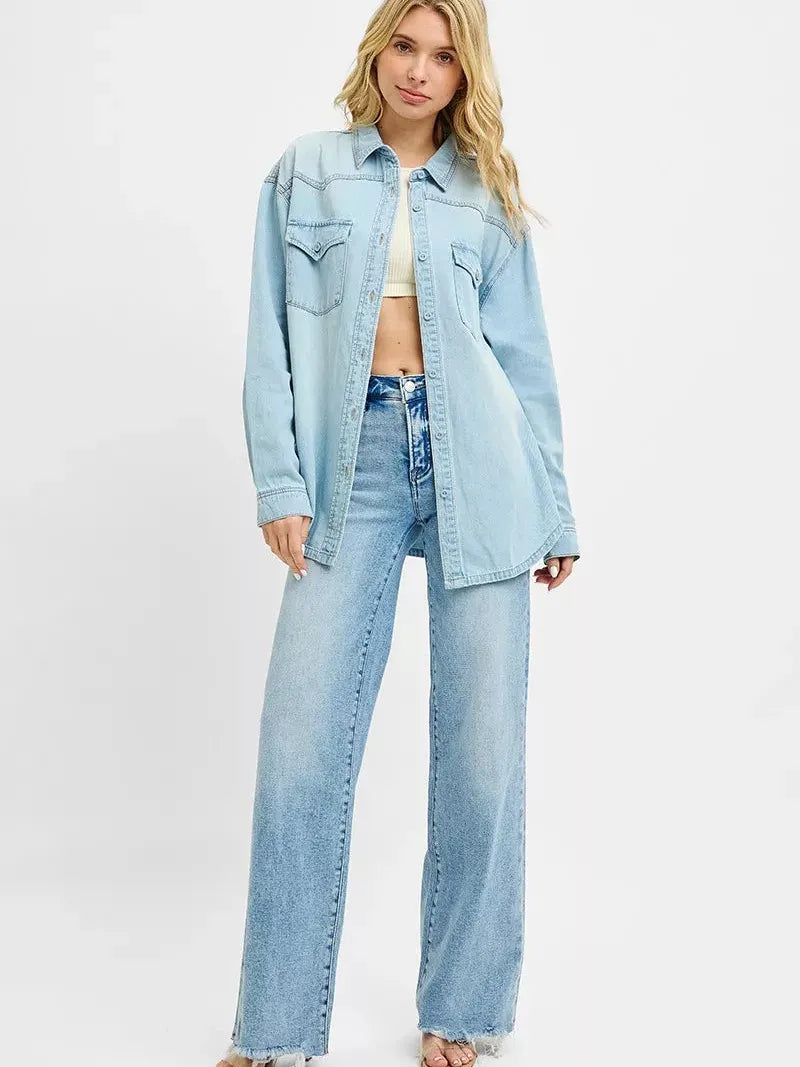 Risen Wild West Western Yoke Relaxed Fit Denim Shirt-Women's Clothing-Shop Z & Joxa
