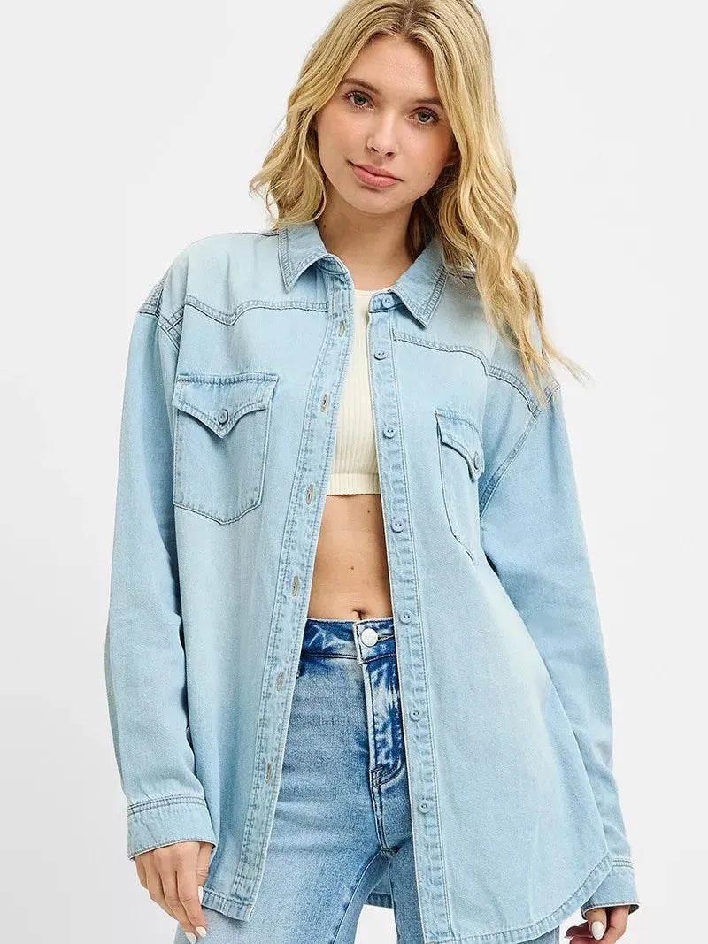Risen Wild West Western Yoke Relaxed Fit Denim Shirt-Women's Clothing-Shop Z & Joxa