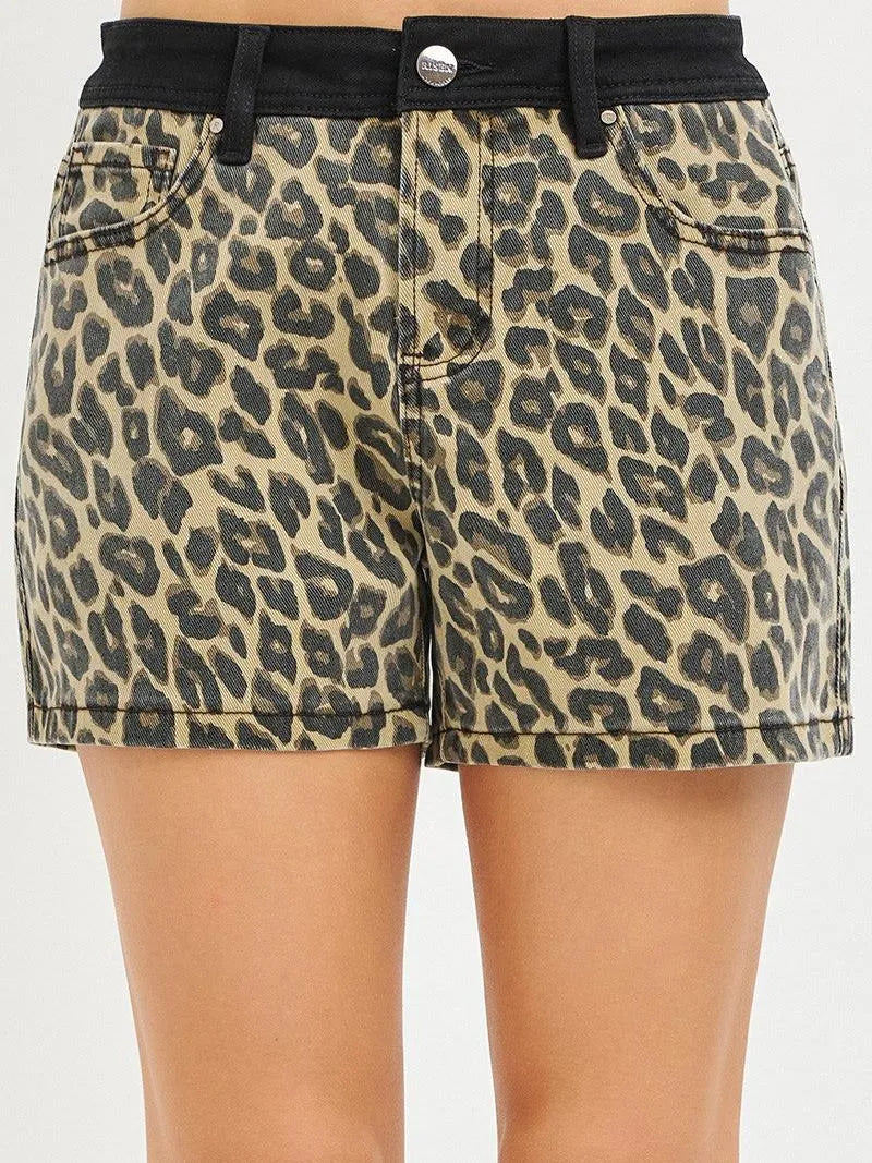 Risen Wild Whisper High Rise Leopard Shorts with Black Waistband-Women's Shorts-Shop Z & Joxa
