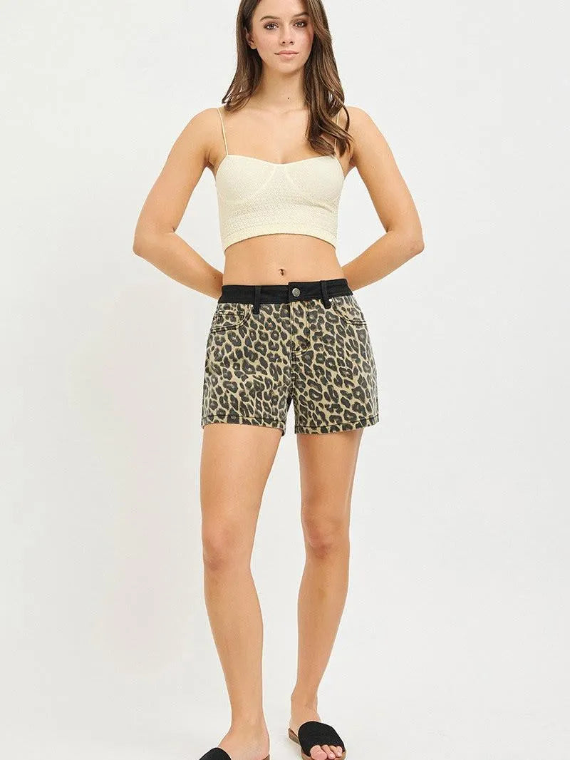 Risen Wild Whisper High Rise Leopard Shorts with Black Waistband-Women's Shorts-Shop Z & Joxa