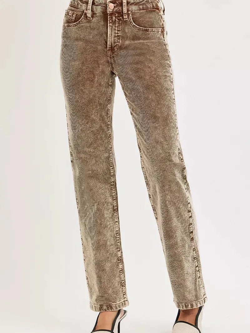 Risen Wildwood Tummy Control Mid Rise Corduroy Pants Driftwood-Women's Pants-Shop Z & Joxa