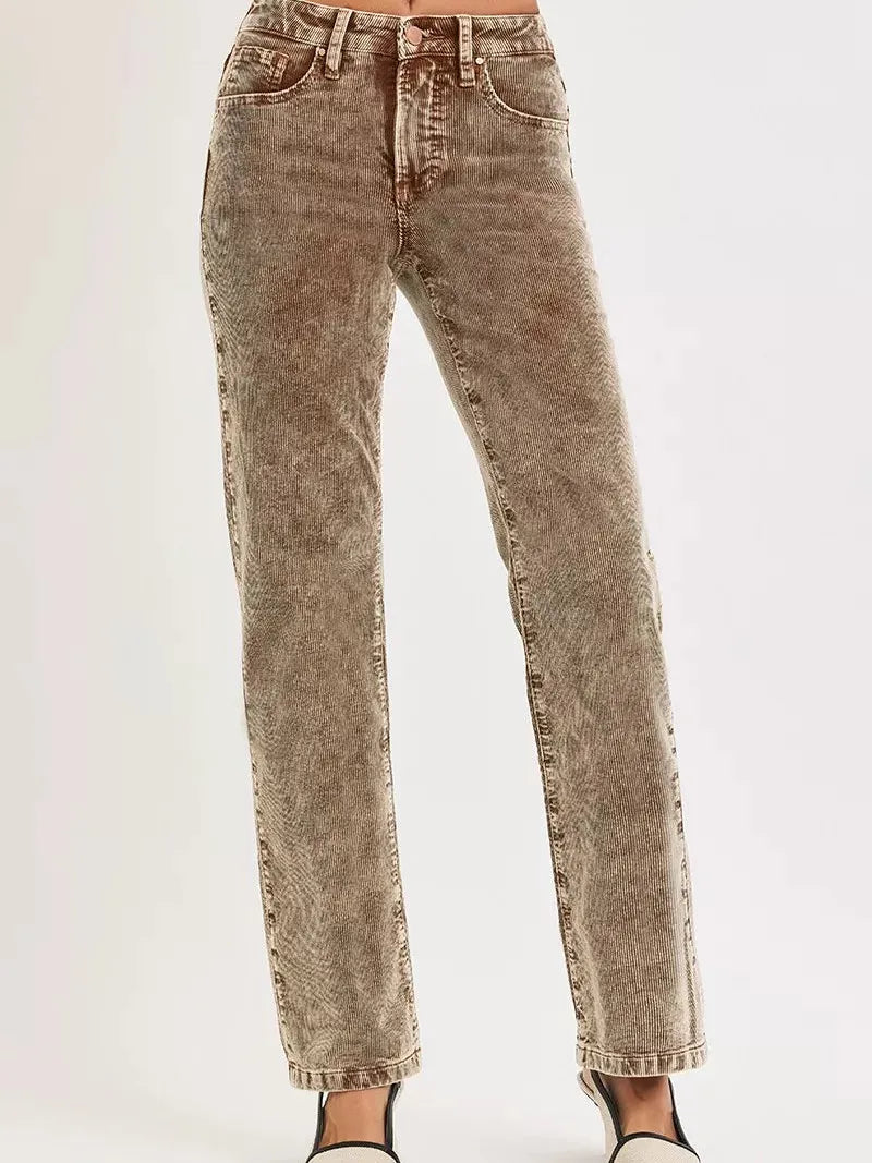 Risen Wildwood Tummy Control Mid Rise Corduroy Pants Driftwood-Women's Pants-Shop Z & Joxa