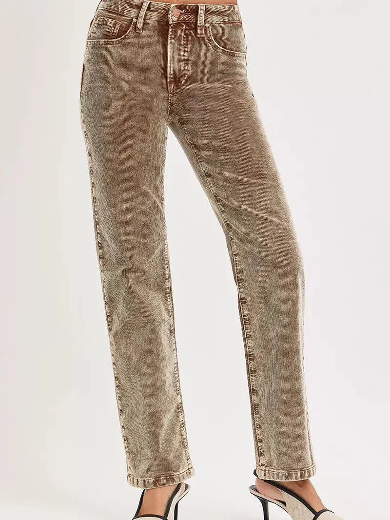 Risen Wildwood Tummy Control Mid Rise Corduroy Pants Driftwood-Women's Pants-Shop Z & Joxa