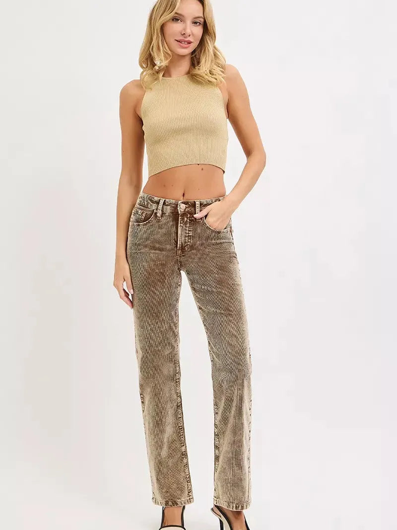 Risen Wildwood Tummy Control Mid Rise Corduroy Pants Driftwood-Women's Pants-Shop Z & Joxa