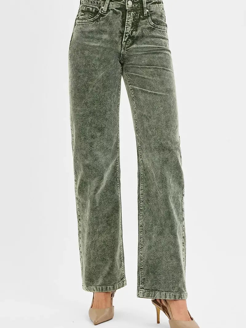 Risen Wildwood Tummy Control Mid Rise Corduroy Pants Forest-Jeans-Shop Z & Joxa