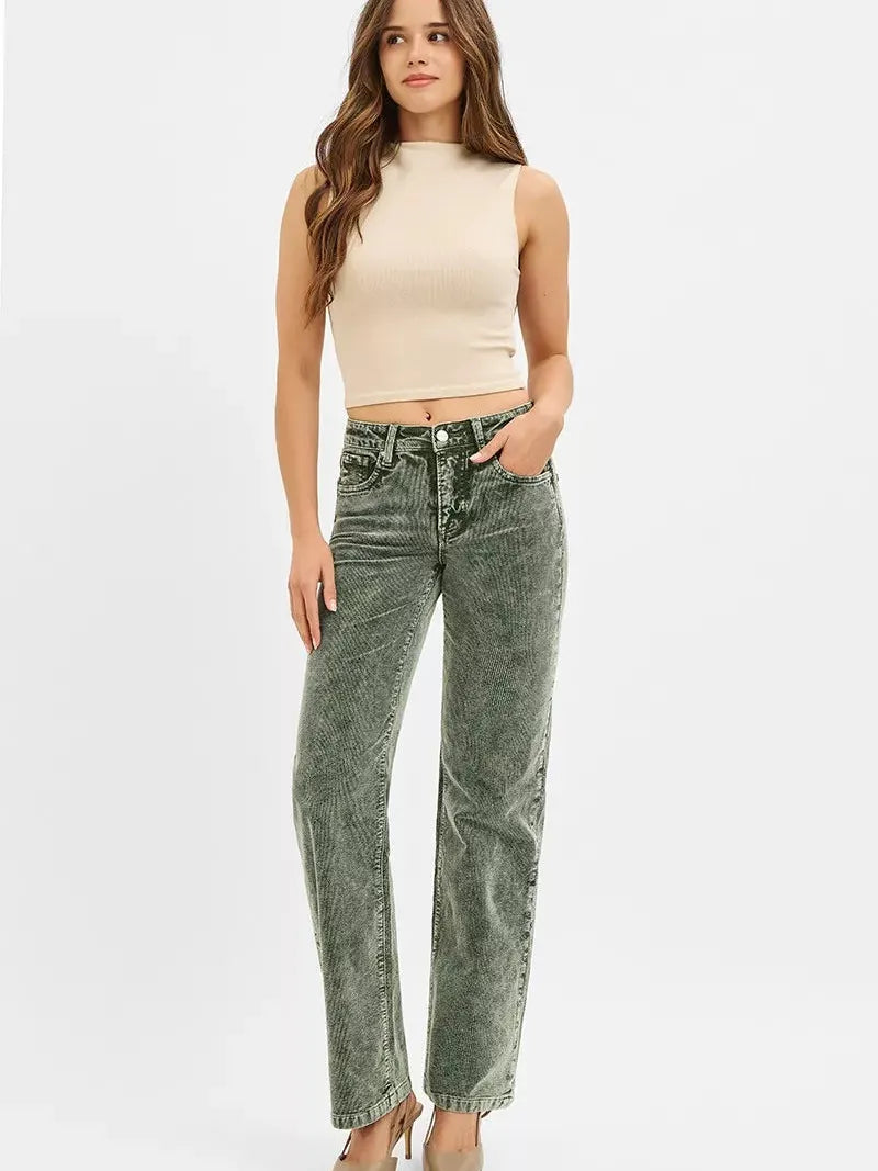 Risen Wildwood Tummy Control Mid Rise Corduroy Pants Forest-Jeans-Shop Z & Joxa