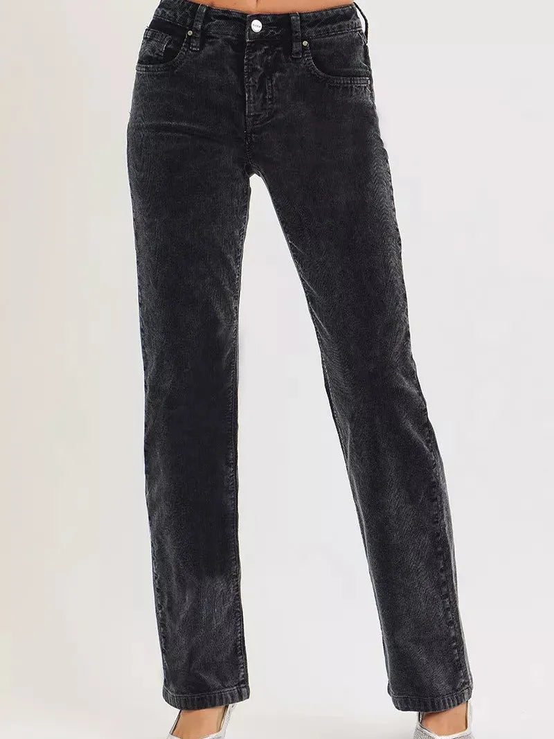 Risen Wildwood Tummy Control Mid Rise Corduroy Pants Raven-Women's Jeans-Shop Z & Joxa