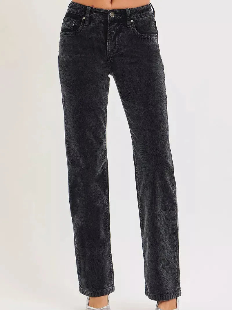 Risen Wildwood Tummy Control Mid Rise Corduroy Pants Raven-Women's Jeans-Shop Z & Joxa