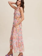 Romance is in the Air Textured Pink Floral Cutout Midi Dress-Women's Clothing-Shop Z & Joxa