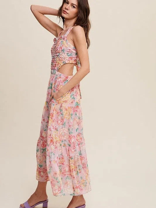 Romance is in the Air Textured Pink Floral Cutout Midi Dress-Women's Clothing-Shop Z & Joxa