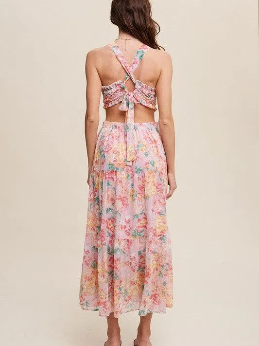 Romance is in the Air Textured Pink Floral Cutout Midi Dress-Women's Clothing-Shop Z & Joxa