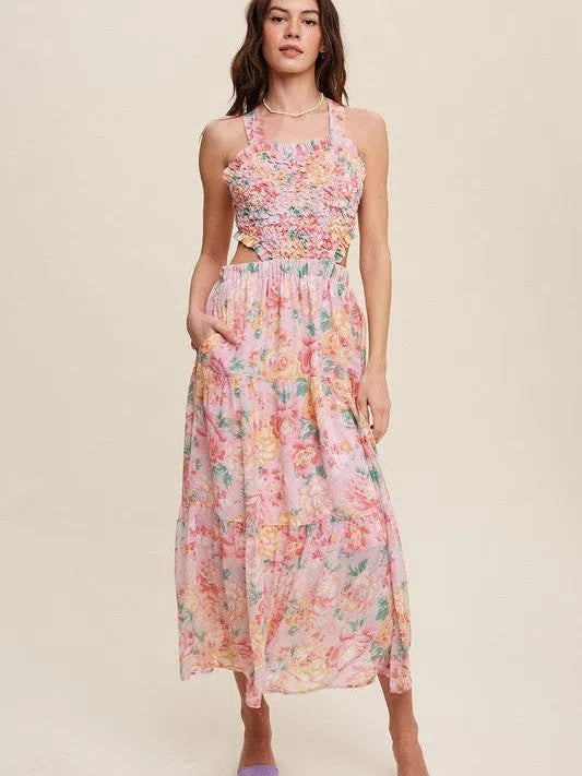 Romance is in the Air Textured Pink Floral Cutout Midi Dress-Women's Clothing-Shop Z & Joxa