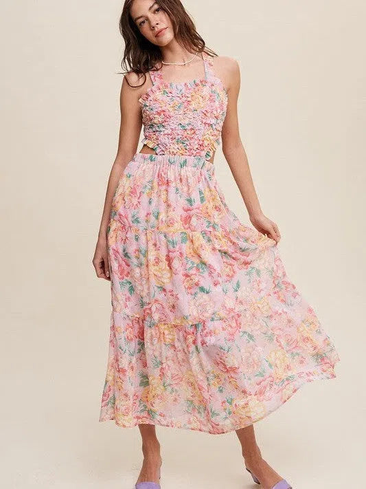 Romance is in the Air Textured Pink Floral Cutout Midi Dress-Women's Clothing-Shop Z & Joxa