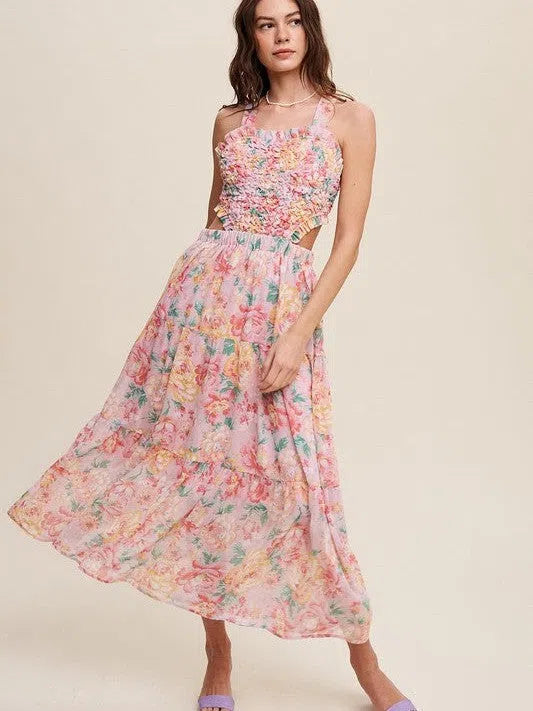 Romance is in the Air Textured Pink Floral Cutout Midi Dress-Women's Clothing-Shop Z & Joxa