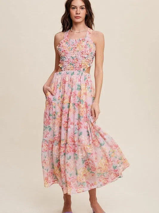 Romance is in the Air Textured Pink Floral Cutout Midi Dress-Women's Clothing-Shop Z & Joxa