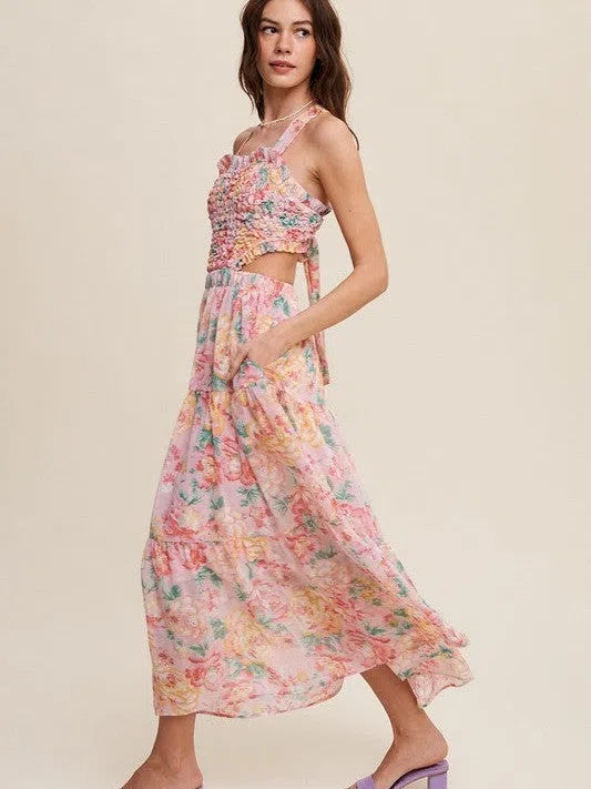 Romance is in the Air Textured Pink Floral Cutout Midi Dress-Women's Clothing-Shop Z & Joxa