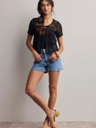 Romantic Edge Black Floral Lace Tie-Front Top-Women's Shirts & Tops-Shop Z & Joxa