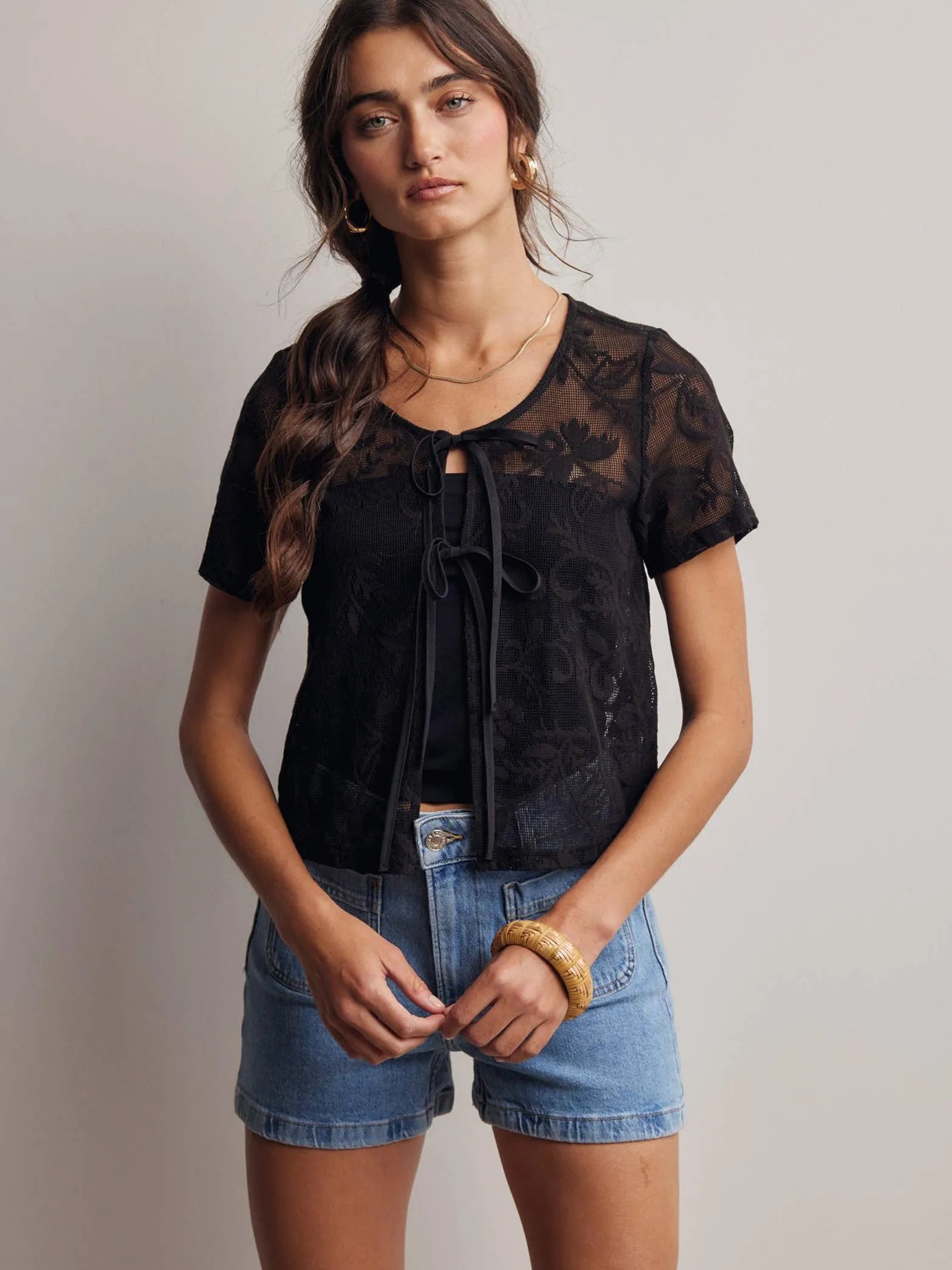 Romantic Edge Black Floral Lace Tie-Front Top-Women's Shirts & Tops-Shop Z & Joxa