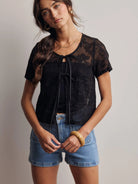 Romantic Edge Black Floral Lace Tie-Front Top-Women's Shirts & Tops-Shop Z & Joxa