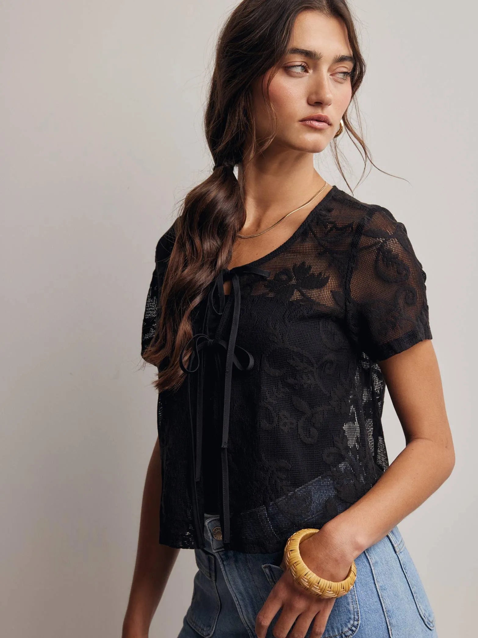 Romantic Edge Black Floral Lace Tie-Front Top-Women's Shirts & Tops-Shop Z & Joxa
