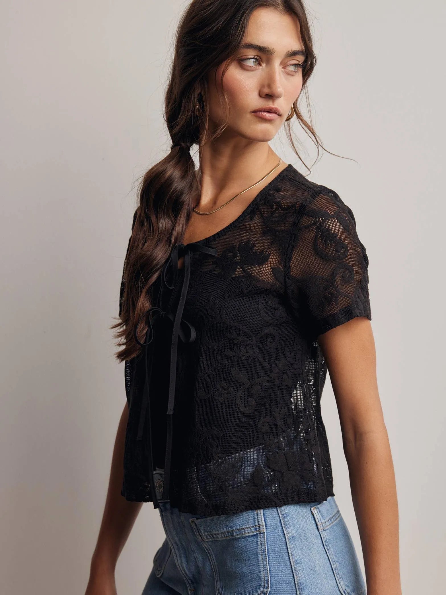Romantic Edge Black Floral Lace Tie-Front Top-Women's Shirts & Tops-Shop Z & Joxa