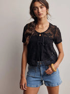 Romantic Edge Black Floral Lace Tie-Front Top-Women's Shirts & Tops-Shop Z & Joxa