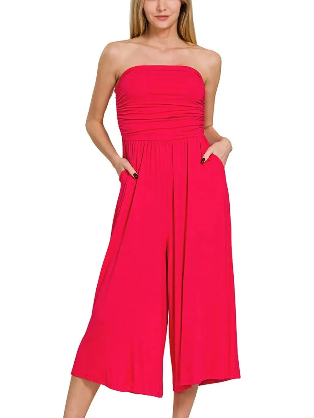 Ruby Red Elegance Strapless Palazzo Pocket Jumpsuit by Zenana-Women's Jumpsuits-Shop Z & Joxa