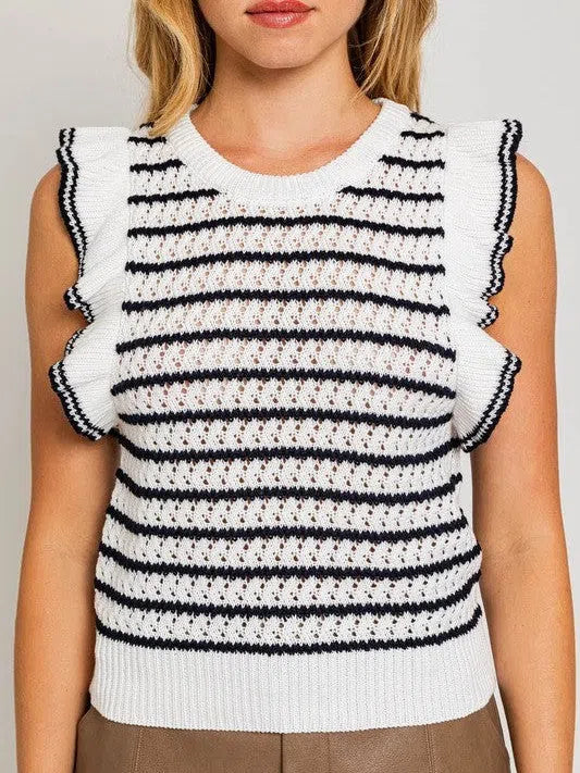 Ruffle Me Up Round Neck Striped Knit Top-Women's Clothing-Shop Z & Joxa