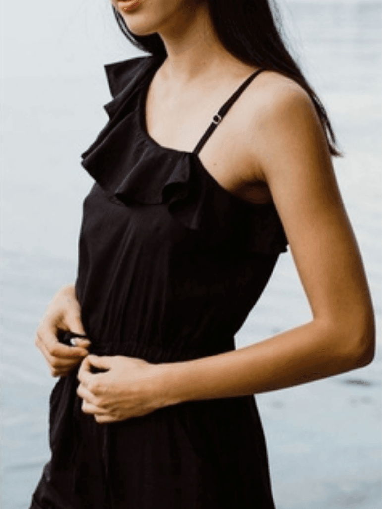 Ruffle Shoulder Black Jumpsuit | Ethical Fashion - Z & Joxa Co.