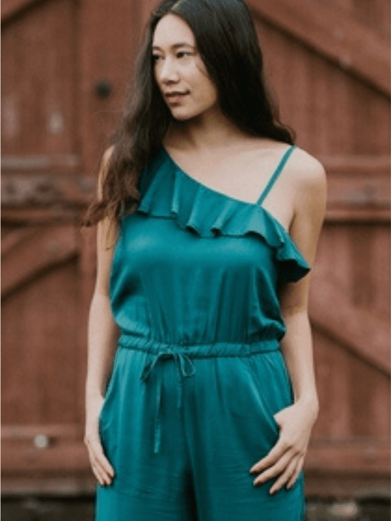 Ruffle Shoulder Emerald Jumpsuit | Ethical Fashion-Women's Clothing-Shop Z & Joxa