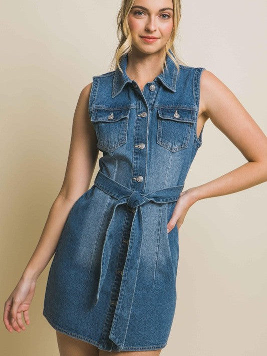 Ruling My World Denim Sleeveless Button Up Dress with Waist Tie-Women's Clothing-Shop Z & Joxa