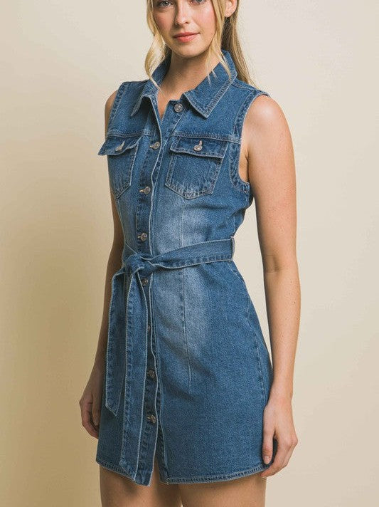 Ruling My World Denim Sleeveless Button Up Dress with Waist Tie-Women's Clothing-Shop Z & Joxa