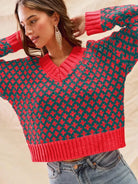 SO ME Holiday Festive Color Block Textured Christmas V Neck Sweater-Women's Shirts & Tops-Shop Z & Joxa