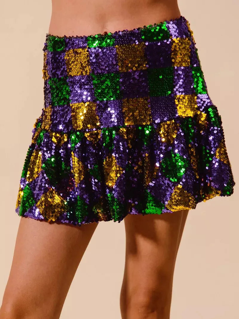 SO ME Let the Sparkle Sparkle Sequin Checker Mardi Gras Mini Skirt-Women's Skirts & Skorts-Shop Z & Joxa