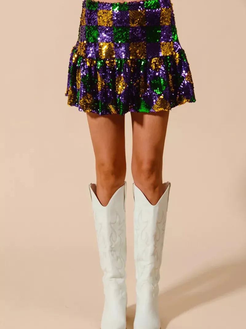 SO ME Let the Sparkle Sparkle Sequin Checker Mardi Gras Mini Skirt-Women's Skirts & Skorts-Shop Z & Joxa