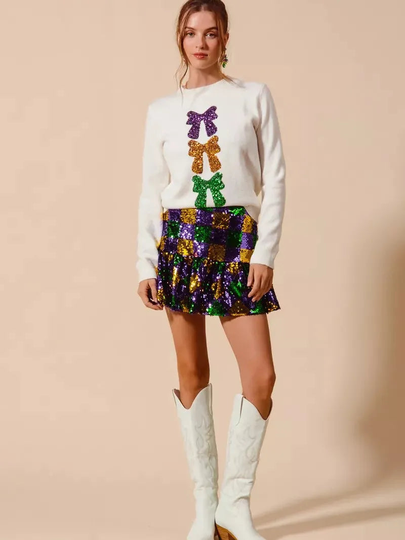 SO ME Let the Sparkle Sparkle Sequin Checker Mardi Gras Mini Skirt-Women's Skirts & Skorts-Shop Z & Joxa