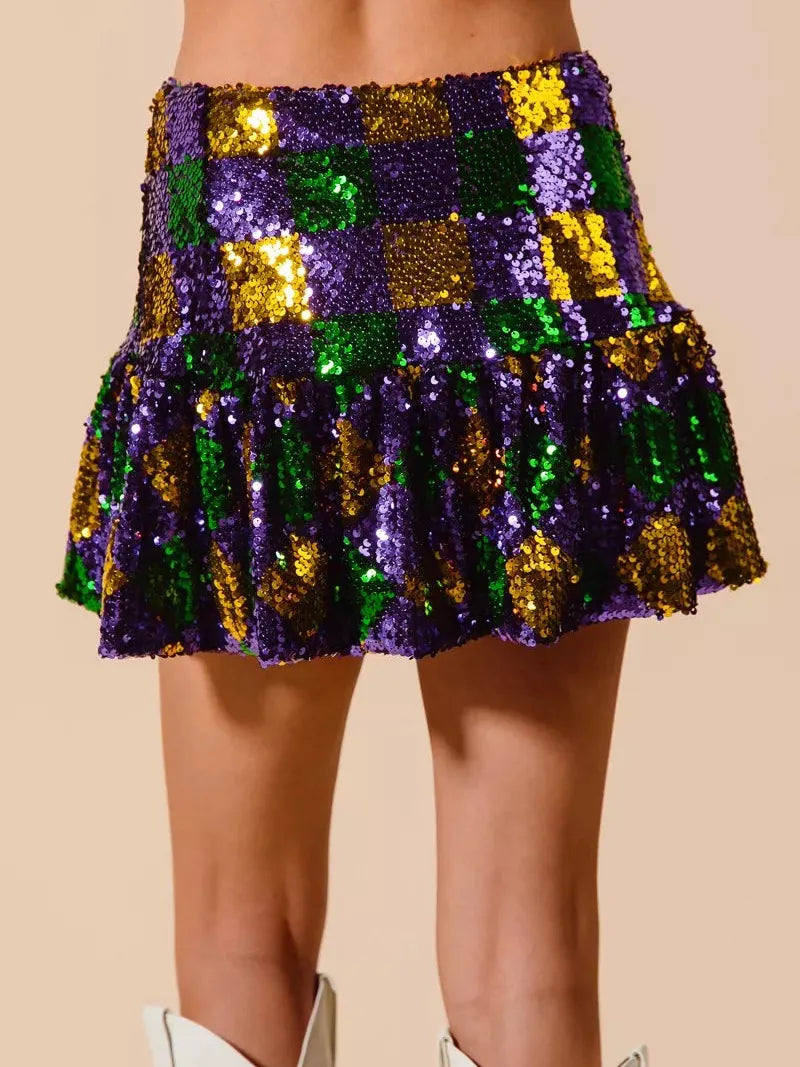 SO ME Let the Sparkle Sparkle Sequin Checker Mardi Gras Mini Skirt-Women's Skirts & Skorts-Shop Z & Joxa