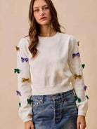 So Me Party Perfect Sparkle Glitter Bow Mardi Gras Sweater-Women's Shirts & Tops-Shop Z & Joxa