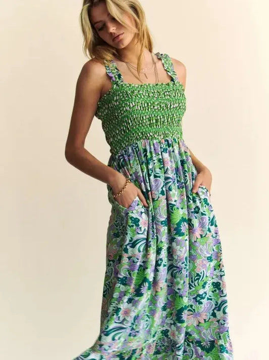 Sage in Bloom Smocked Bodice Ruffle Midi Dress M / Floral Sage Sage in Bloom Smocked Bodice Ruffle Midi Dress M / Floral Sage