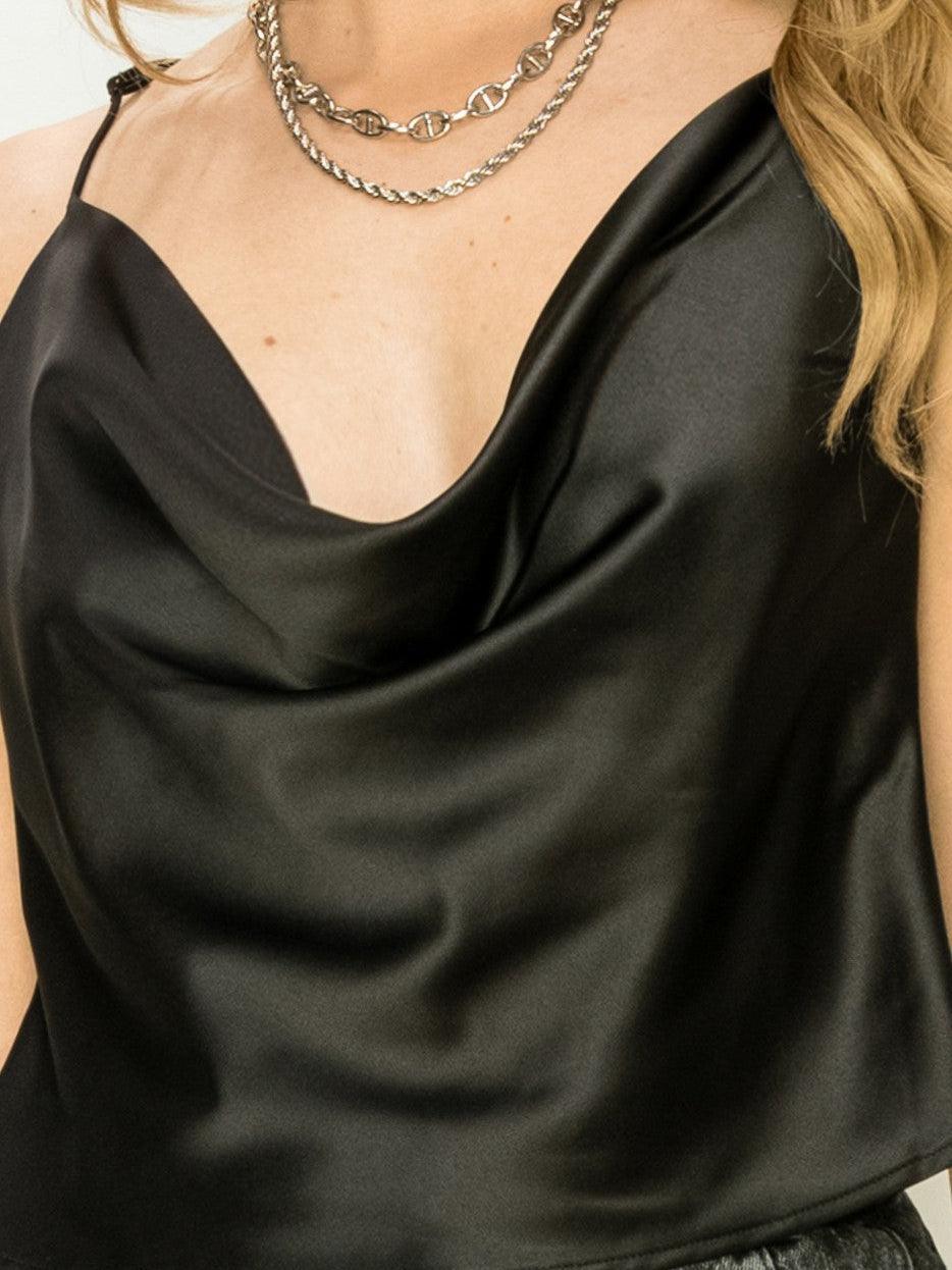 Satin Diva Cropped Cowl Neck Crisscross Cami Top-Women's Clothing-Shop Z & Joxa