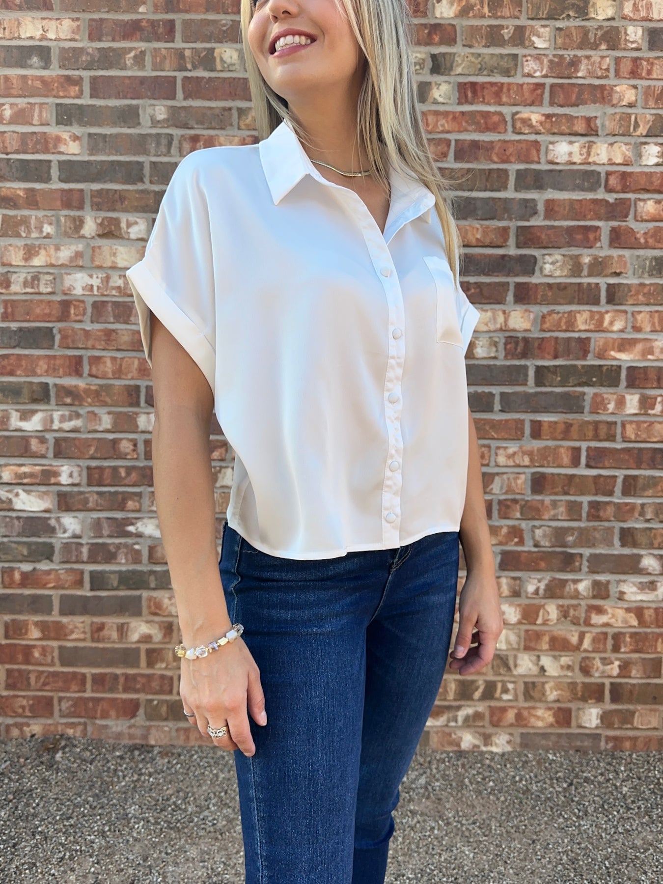 Satin Touch Boxy Button Down Blouse-Women's Clothing-Shop Z & Joxa