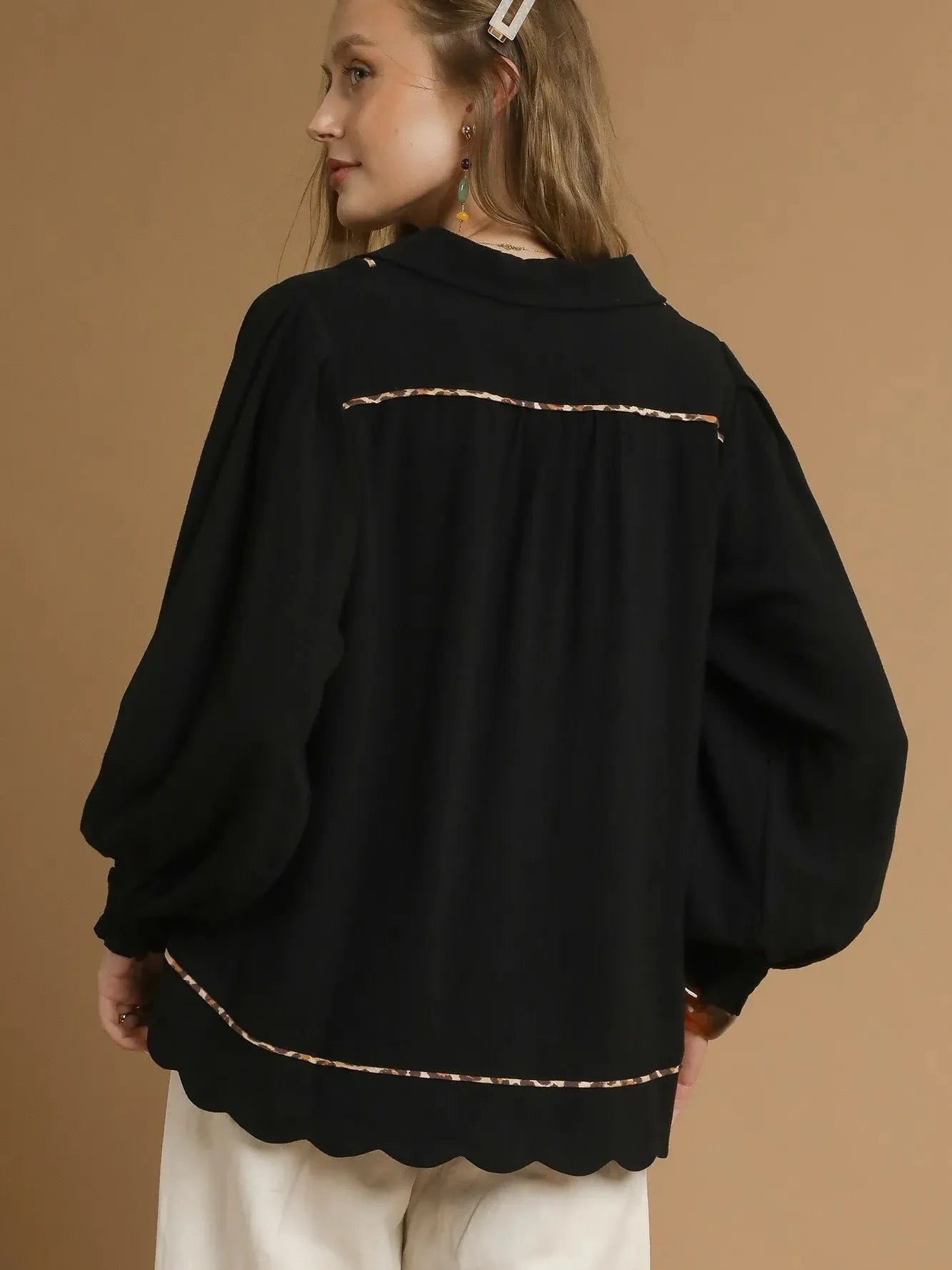 Scallop Chic Black Linen Long Sleeve Blouse by Umgee-Women's Shirts & Tops-Shop Z & Joxa