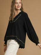 Scallop Chic Black Linen Long Sleeve Blouse by Umgee-Women's Shirts & Tops-Shop Z & Joxa